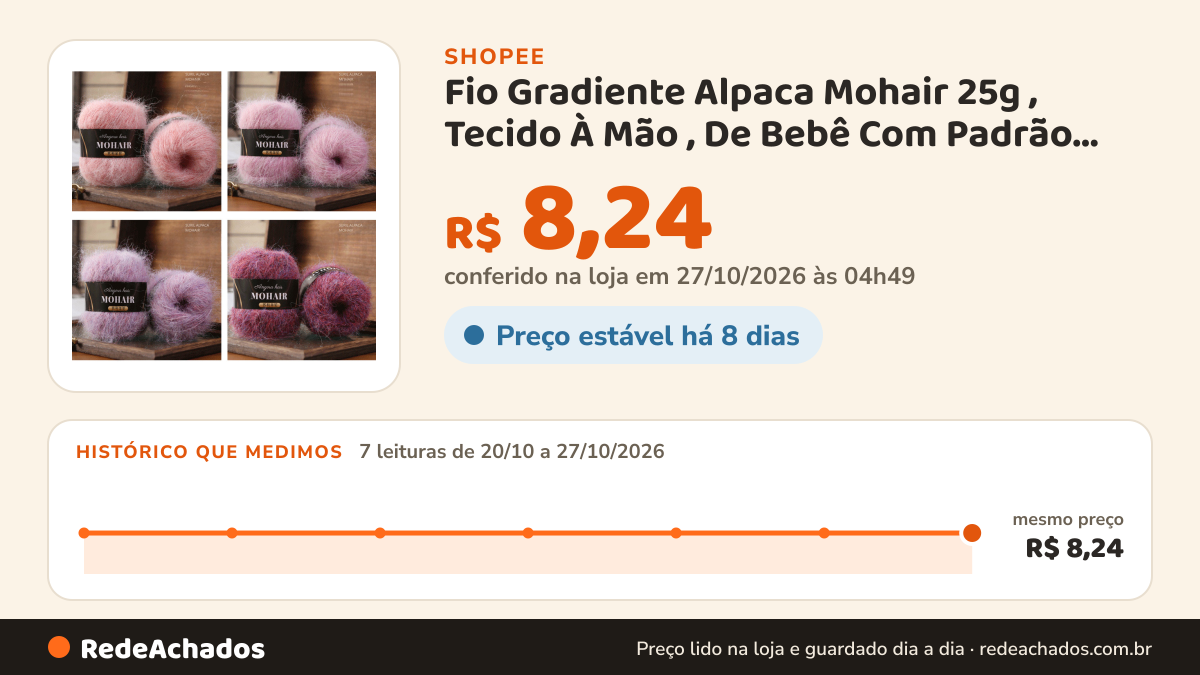 Histórico de preço de Fio Gradiente Alpaca Mohair 25g , Tecido À Mão , De Bebê Com Padrão Médio E Grosso Para… na Shopee: 7 leituras de 20/10/2026 a 27/10/2026, mesmo preço, R$ 8,24, em todas; R$ 8,24 conferido em 27/10/2026 às 04h49