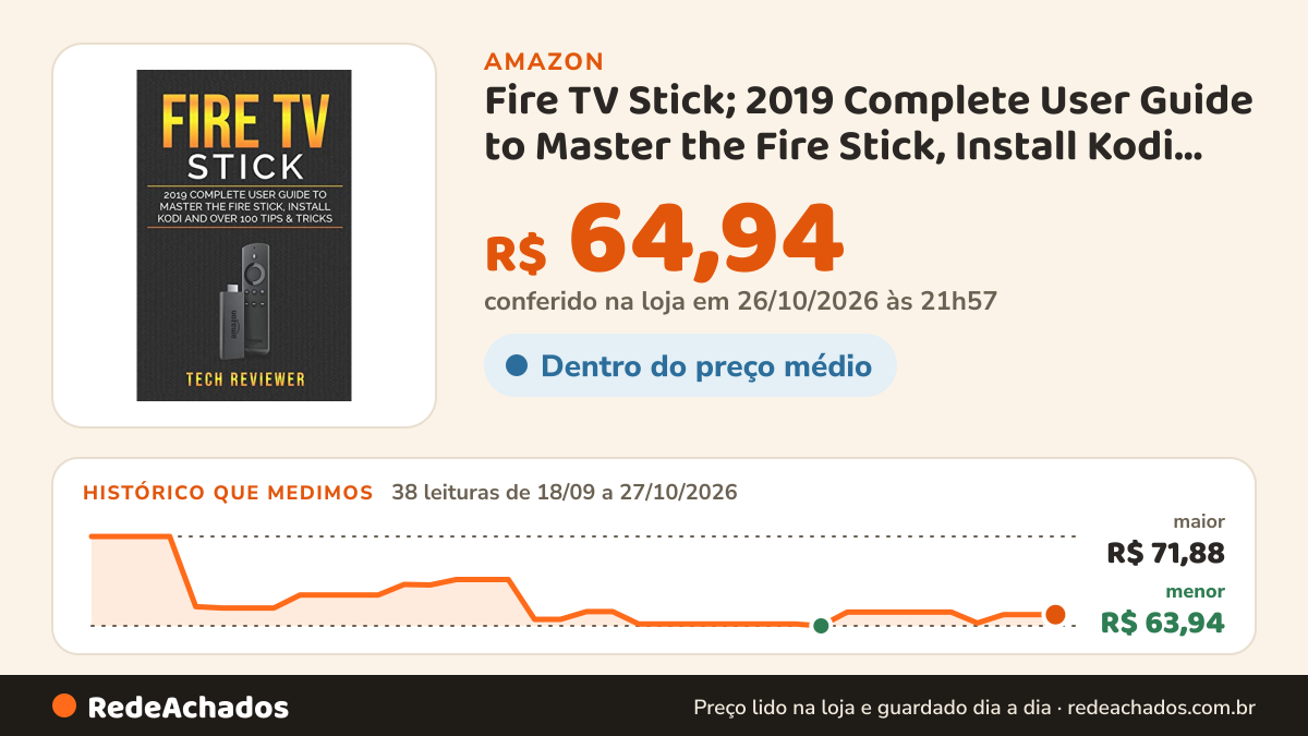 Histórico de preço de Fire TV Stick; 2019 Complete User Guide to Master the Fire Stick, Install Kodi and Over… na Amazon: 38 leituras de 18/09/2026 a 27/10/2026, menor R$ 63,94, maior R$ 71,88; R$ 64,94 conferido em 26/10/2026 às 21h57
