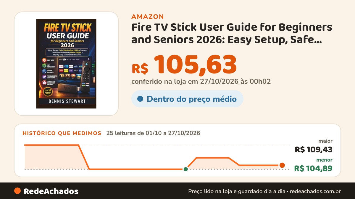 Histórico de preço de Fire TV Stick User Guide for Beginners and Seniors 2026: Easy Setup, Safe Sideloading… na Amazon: 25 leituras de 01/10/2026 a 27/10/2026, menor R$ 104,89, maior R$ 109,43; R$ 105,63 conferido em 27/10/2026 às 00h02