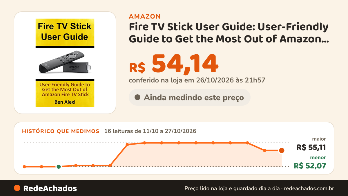 Histórico de preço de Fire TV Stick User Guide: User-Friendly Guide to Get the Most Out of Amazon Fire TV Stick na Amazon: 16 leituras de 11/10/2026 a 27/10/2026, menor R$ 52,07, maior R$ 55,11; R$ 54,14 conferido em 26/10/2026 às 21h57