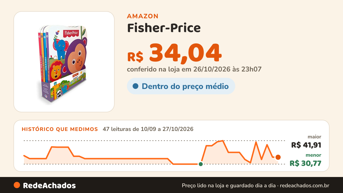 Histórico de preço de Fisher-Price - Kit Coleção Como é Bom na Amazon: 46 leituras de 10/09/2026 a 26/10/2026, menor R$ 30,77, maior R$ 41,91; R$ 34,10 conferido em 25/10/2026 às 22h06