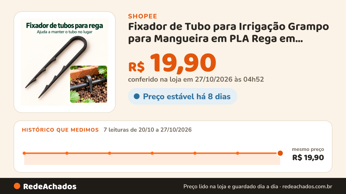 Histórico de preço de Fixador de Tubo para Irrigação Grampo para Mangueira em PLA Rega em Vasos Hortas Jardins e… na Shopee: 7 leituras de 20/10/2026 a 27/10/2026, mesmo preço, R$ 19,90, em todas; R$ 19,90 conferido em 27/10/2026 às 04h52