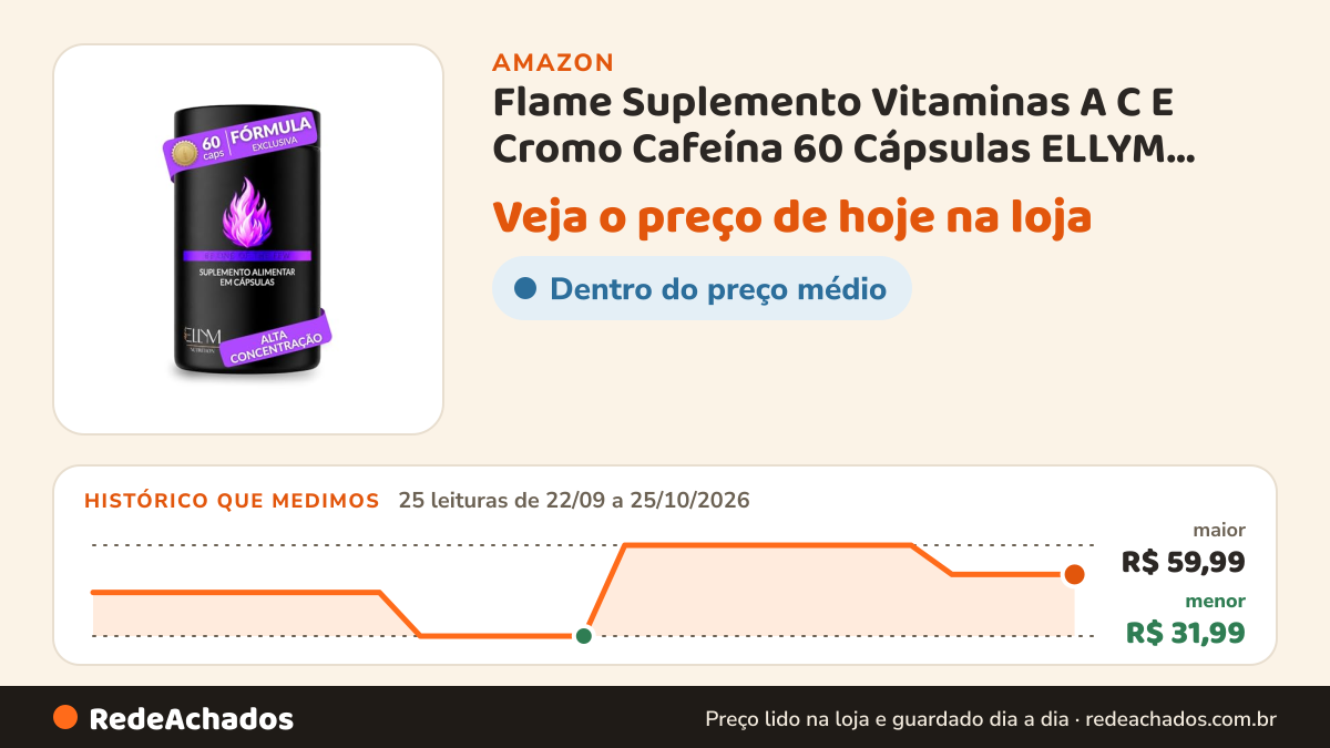 Histórico de preço de Flame Suplemento Vitaminas A C E Cromo Cafeína 60 Cápsulas ELLYM NUTRITION na Amazon: 25 leituras de 22/09/2026 a 25/10/2026, menor R$ 31,99, maior R$ 59,99