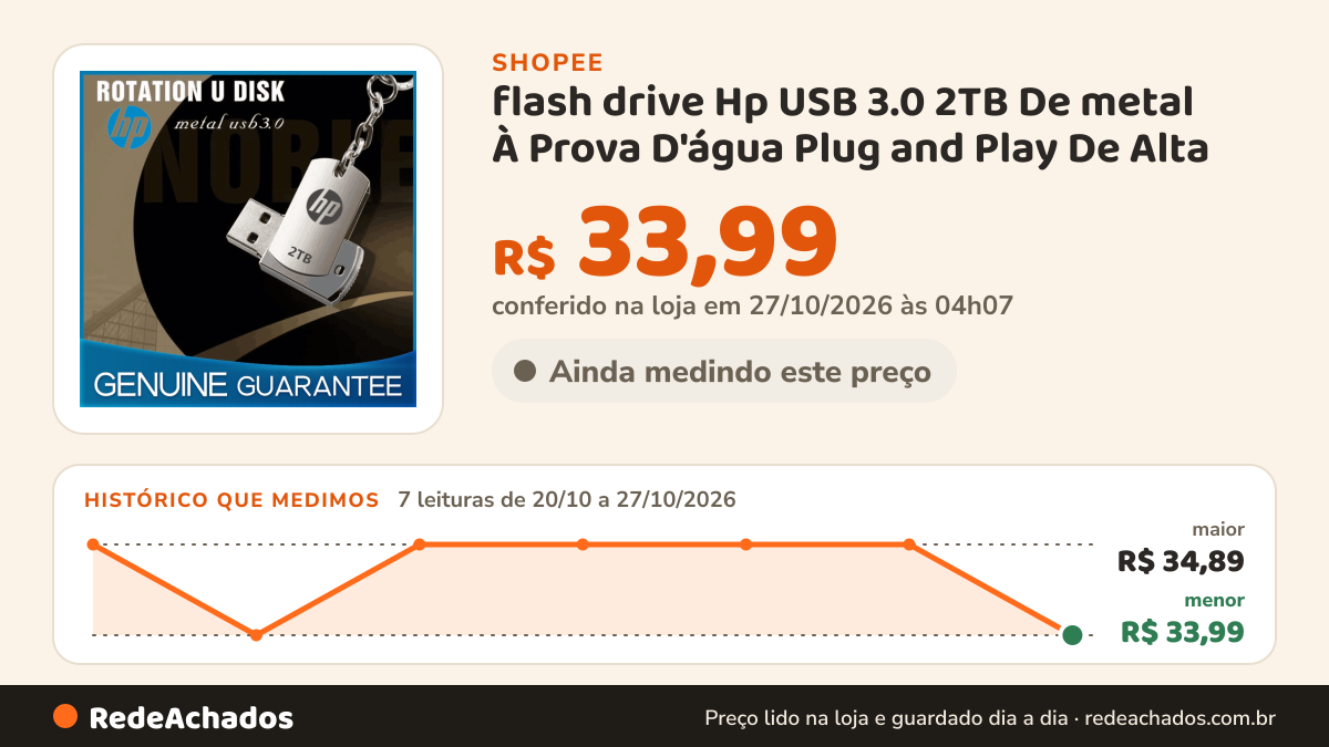 Histórico de preço de flash drive Hp USB 3.0 2TB De metal À Prova D'água Plug and Play De Alta Velocidade na Shopee: 7 leituras de 20/10/2026 a 27/10/2026, menor R$ 33,99, maior R$ 34,89; R$ 33,99 conferido em 27/10/2026 às 04h07