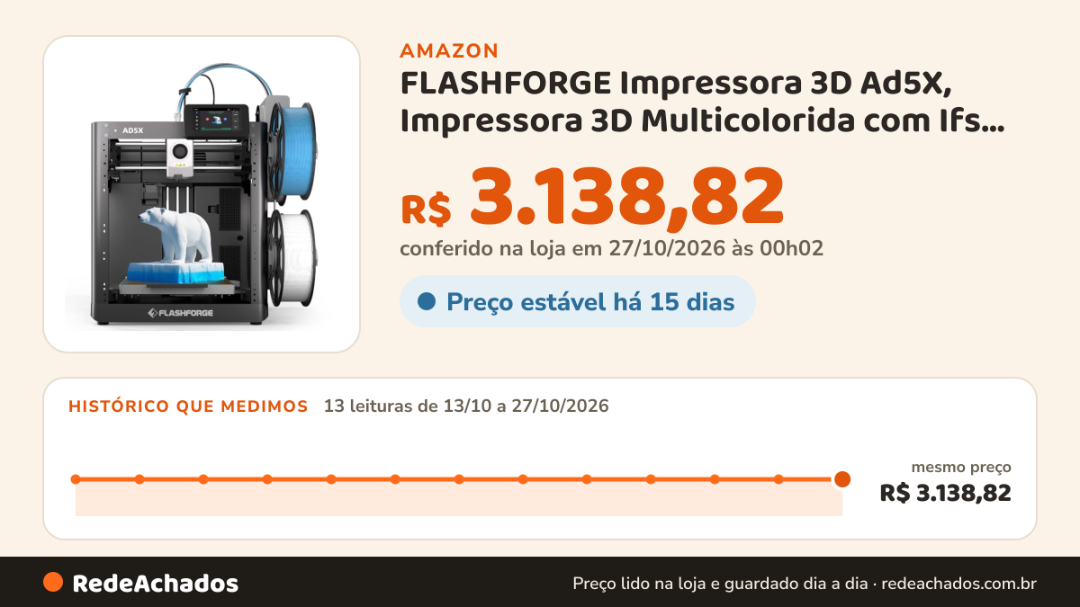Histórico de preço de FLASHFORGE Impressora 3D Ad5X, Impressora 3D Multicolorida com Ifs, Nivelamento Totalmente… na Amazon: 13 leituras de 13/10/2026 a 27/10/2026, mesmo preço, R$ 3.138,82, em todas; R$ 3.138,82 conferido em 27/10/2026 às 00h02