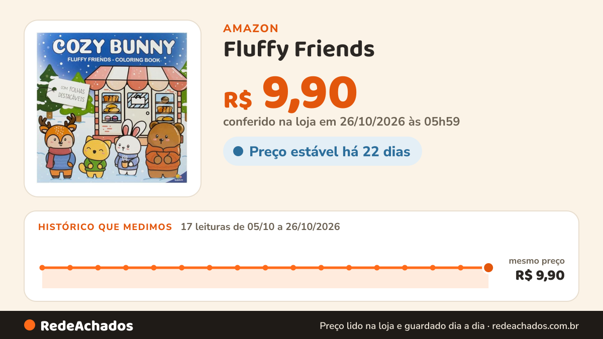 Histórico de preço de Fluffy Friends - Coloring Book: Cozy Bunny na Amazon: 17 leituras de 05/10/2026 a 26/10/2026, mesmo preço, R$ 9,90, em todas; R$ 9,90 conferido em 26/10/2026 às 05h59