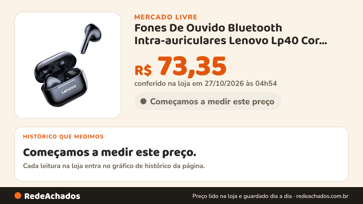 Histórico de preço de Fones De Ouvido Bluetooth Intra-auriculares Lenovo Lp40 Cor Preto no Mercado Livre: 7 leituras de 30/09/2026 a 07/10/2026, menor R$ 69,17, maior R$ 73,35