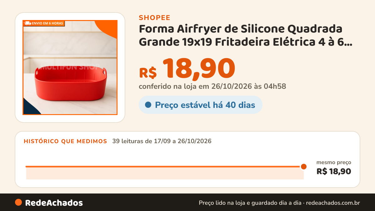 Histórico de preço de Forma Airfryer de Silicone Quadrada Grande 19x19 Fritadeira Elétrica 4 à 6 Litros na Shopee: 39 leituras de 17/09/2026 a 26/10/2026, mesmo preço, R$ 18,90, em todas; R$ 18,90 conferido em 26/10/2026 às 04h58