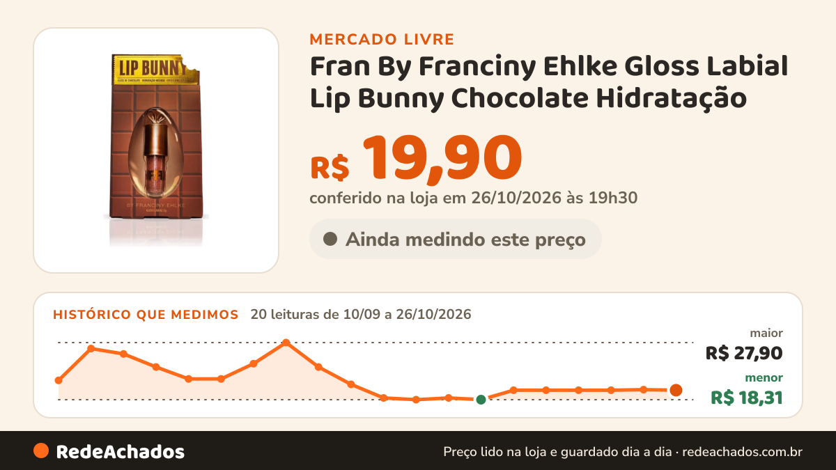 Histórico de preço de Fran By Franciny Ehlke Gloss Labial Lip Bunny Chocolate Hidratação no Mercado Livre: 20 leituras de 10/09/2026 a 26/10/2026, menor R$ 18,31, maior R$ 27,90; R$ 19,90 conferido em 26/10/2026 às 19h30