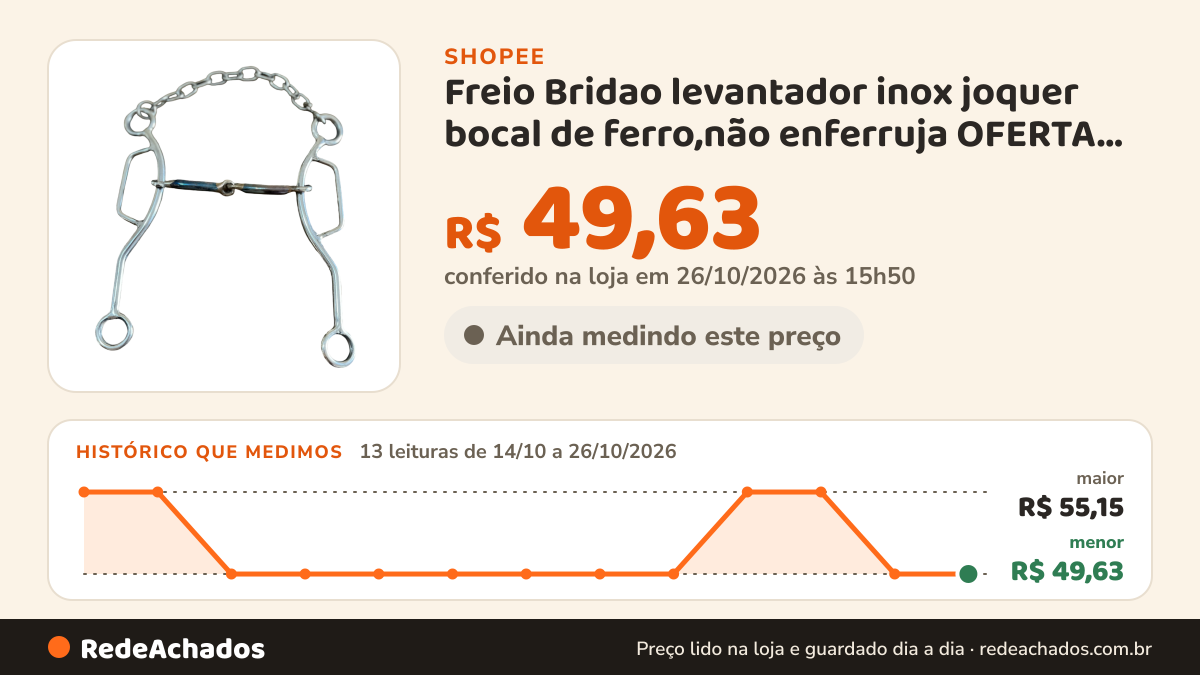 Histórico de preço de Freio Bridao levantador inox joquer bocal de ferro,não enferruja OFERTA ENVIO IMEDIATO na Shopee: 12 leituras de 14/10/2026 a 25/10/2026, menor R$ 49,63, maior R$ 55,15; R$ 49,63 conferido em 25/10/2026 às 10h43