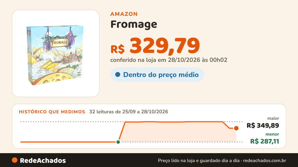 Histórico de preço de Fromage (Ludofun) na Amazon: 31 leituras de 25/09/2026 a 26/10/2026, menor R$ 287,11, maior R$ 349,89; R$ 329,79 conferido em 26/10/2026 às 12h02