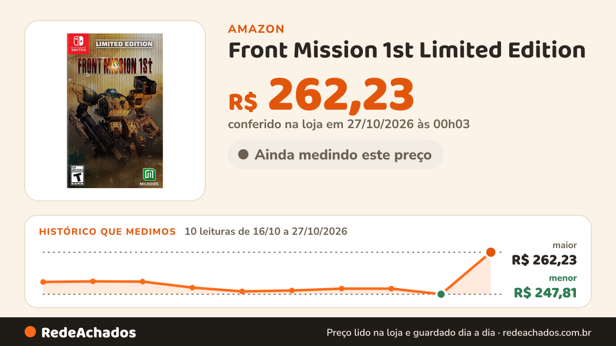 Histórico de preço de Front Mission 1st Limited Edition na Amazon: 10 leituras de 16/10/2026 a 27/10/2026, menor R$ 247,81, maior R$ 262,23; R$ 262,23 conferido em 27/10/2026 às 00h03