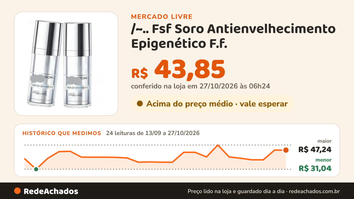 Histórico de preço de /~.. Fsf Soro Antienvelhecimento Epigenético F.f. - Reduce.. no Mercado Livre: 24 leituras de 13/09/2026 a 27/10/2026, menor R$ 31,04, maior R$ 47,24; R$ 43,85 conferido em 27/10/2026 às 06h24