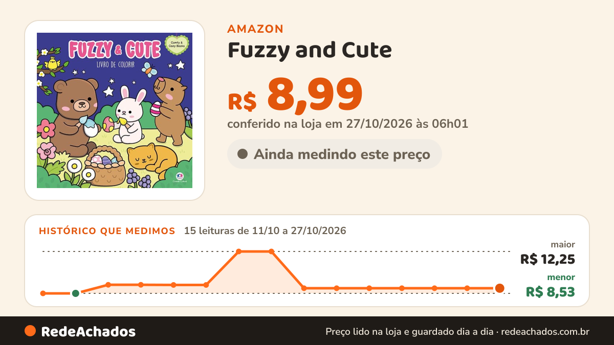 Histórico de preço de Fuzzy and Cute - Livro de Colorir na Amazon: 14 leituras de 11/10/2026 a 25/10/2026, menor R$ 8,53, maior R$ 12,25