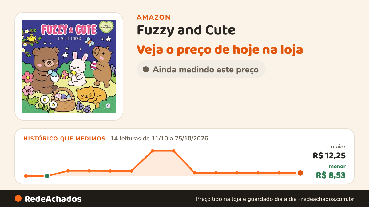 Histórico de preço de Fuzzy and Cute - Livro de Colorir na Amazon: 14 leituras de 11/10/2026 a 25/10/2026, menor R$ 8,53, maior R$ 12,25