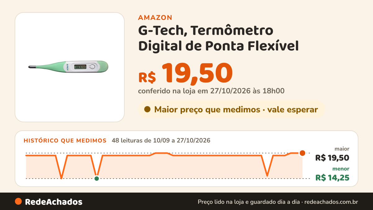 Histórico de preço de G-Tech, Termômetro Digital de Ponta Flexível - Alimentado por pilha/bateria na Amazon: 47 leituras de 10/09/2026 a 26/10/2026, menor R$ 14,25, maior R$ 19,50; R$ 19,50 conferido em 26/10/2026 às 09h57