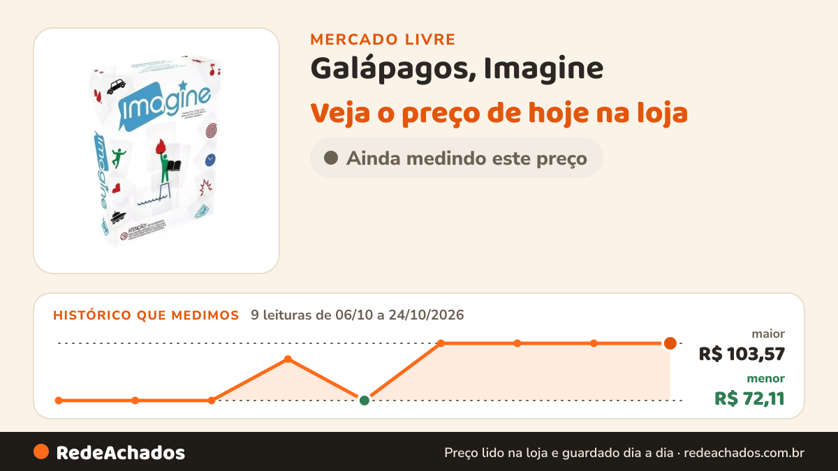 Histórico de preço de Galápagos, Imagine (edição Revisada), Jogo De Cartas Casual no Mercado Livre: 9 leituras de 06/10/2026 a 24/10/2026, menor R$ 72,11, maior R$ 103,57