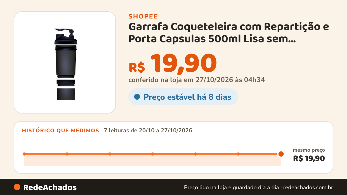 Histórico de preço de Garrafa Coqueteleira com Repartição e Porta Capsulas 500ml Lisa sem Desenho Para Academia… na Shopee: 7 leituras de 20/10/2026 a 27/10/2026, mesmo preço, R$ 19,90, em todas; R$ 19,90 conferido em 27/10/2026 às 04h34