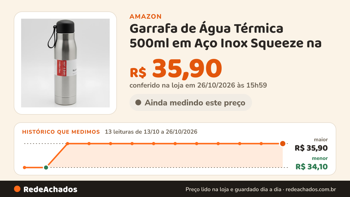 Histórico de preço de Garrafa de Água Térmica 500ml em Aço Inox Squeeze na (Cor Prata) na Amazon: 13 leituras de 13/10/2026 a 26/10/2026, menor R$ 34,10, maior R$ 35,90; R$ 35,90 conferido em 26/10/2026 às 15h59