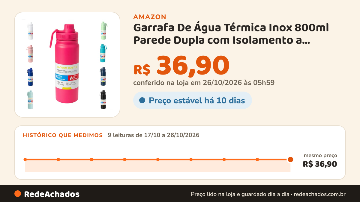 Histórico de preço de Garrafa De Água Térmica Inox 800ml Parede Dupla com Isolamento a Vácuo Quente e Frio… na Amazon: 9 leituras de 17/10/2026 a 26/10/2026, mesmo preço, R$ 36,90, em todas; R$ 36,90 conferido em 26/10/2026 às 05h59