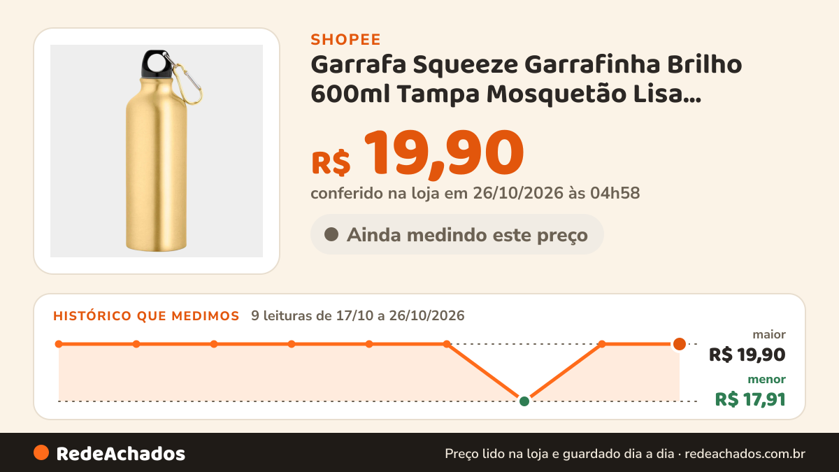 Histórico de preço de Garrafa Squeeze Garrafinha Brilho 600ml Tampa Mosquetão Lisa Premium Sublimática Para… na Shopee: 9 leituras de 17/10/2026 a 26/10/2026, menor R$ 17,91, maior R$ 19,90; R$ 19,90 conferido em 26/10/2026 às 04h58