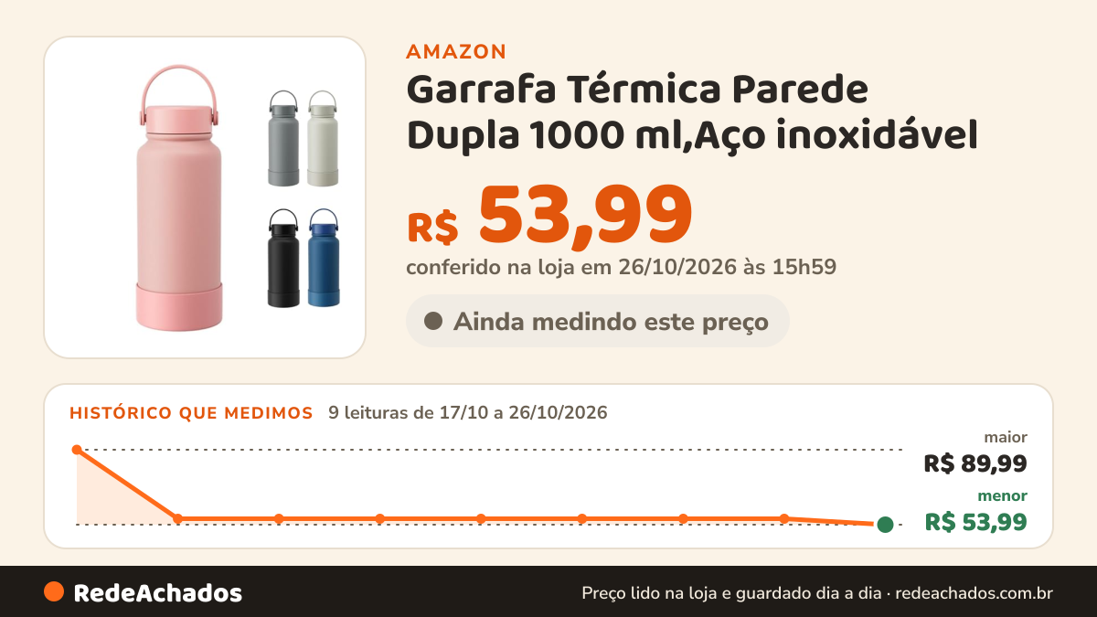 Histórico de preço de Garrafa Térmica Parede Dupla 1000 ml,Aço inoxidável (Rosa) | Frio 24 Horas, Quente 12… na Amazon: 9 leituras de 17/10/2026 a 26/10/2026, menor R$ 53,99, maior R$ 89,99; R$ 53,99 conferido em 26/10/2026 às 15h59
