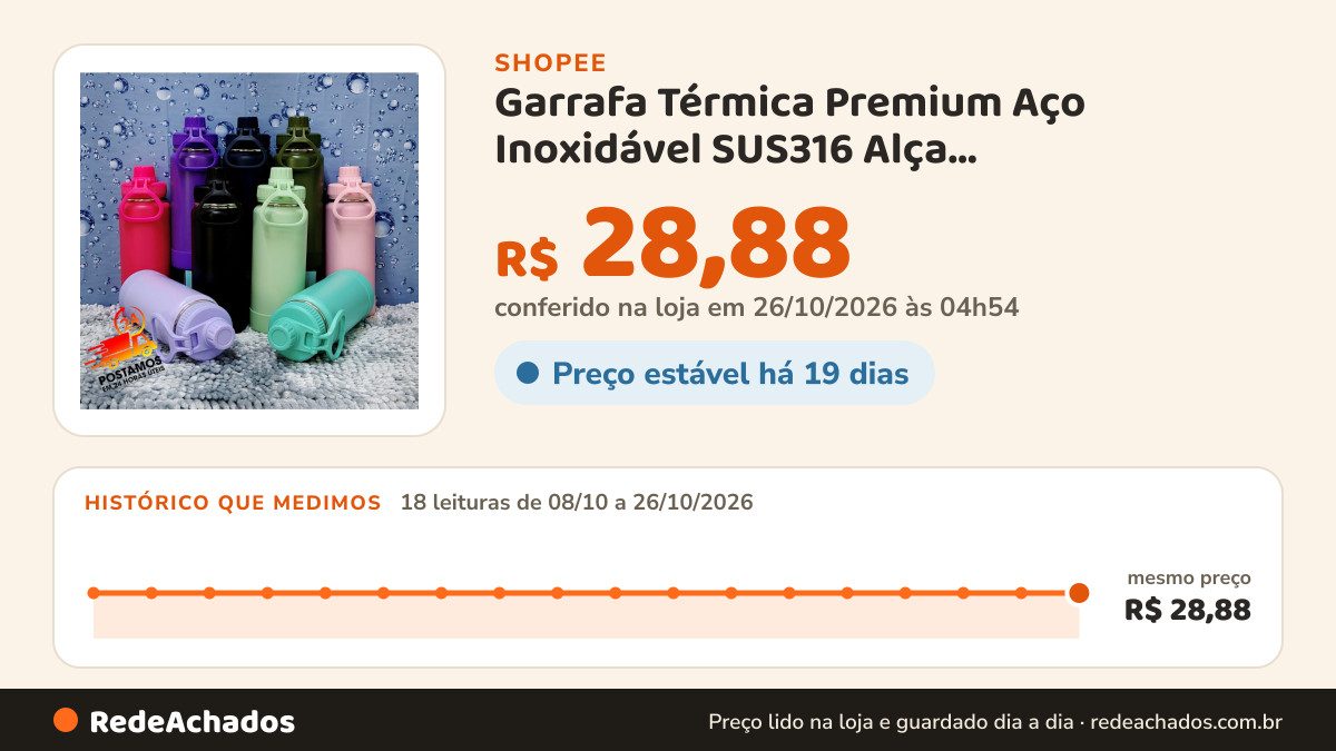 Histórico de preço de Garrafa Térmica Premium Aço Inoxidável SUS316 Alça Dobrável-350ml/600ml/800ml/1000ml na Shopee: 18 leituras de 08/10/2026 a 26/10/2026, mesmo preço, R$ 28,88, em todas; R$ 28,88 conferido em 26/10/2026 às 04h54