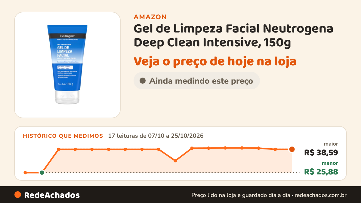 Histórico de preço de Gel de Limpeza Facial Neutrogena Deep Clean Intensive, 150g na Amazon: 17 leituras de 07/10/2026 a 25/10/2026, menor R$ 25,88, maior R$ 38,59