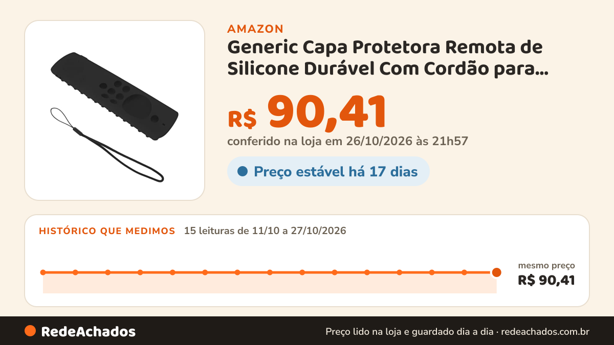 Histórico de preço de Generic Capa Protetora Remota de Silicone Durável Com Cordão para Fire TV Stick Lite, Capa… na Amazon: 15 leituras de 11/10/2026 a 27/10/2026, mesmo preço, R$ 90,41, em todas; R$ 90,41 conferido em 26/10/2026 às 21h57