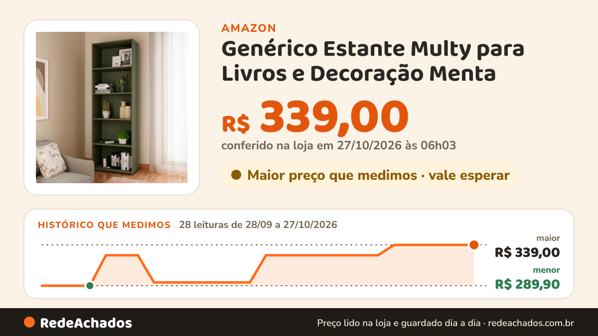 Histórico de preço de Genérico Estante Multy para Livros e Decoração Menta - 5 Prateleiras - Estilo Menta Fresco… na Amazon: 28 leituras de 28/09/2026 a 27/10/2026, menor R$ 289,90, maior R$ 339,00; R$ 339,00 conferido em 27/10/2026 às 06h03