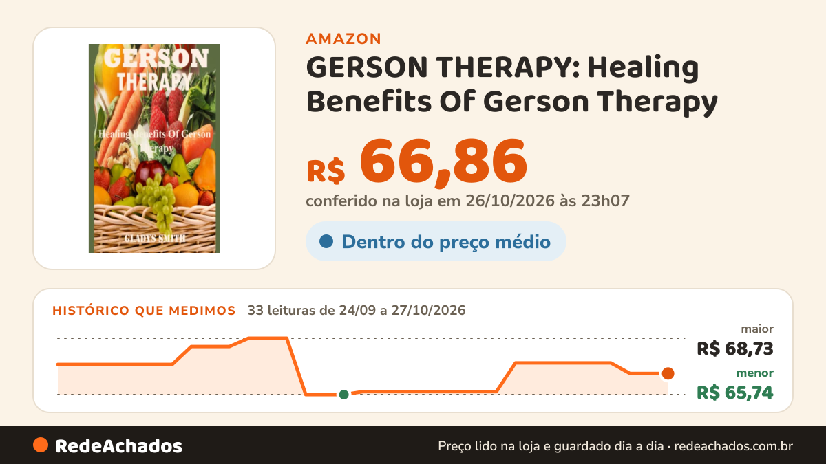 Histórico de preço de GERSON THERAPY: Healing Benefits Of Gerson Therapy na Amazon: 33 leituras de 24/09/2026 a 27/10/2026, menor R$ 65,74, maior R$ 68,73; R$ 66,86 conferido em 26/10/2026 às 23h07