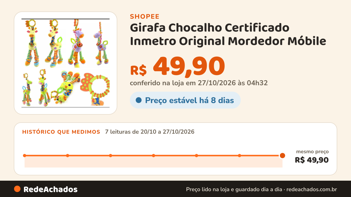 Histórico de preço de Girafa Chocalho Certificado Inmetro Original Mordedor Móbile na Shopee: 7 leituras de 20/10/2026 a 27/10/2026, mesmo preço, R$ 49,90, em todas; R$ 49,90 conferido em 27/10/2026 às 04h32