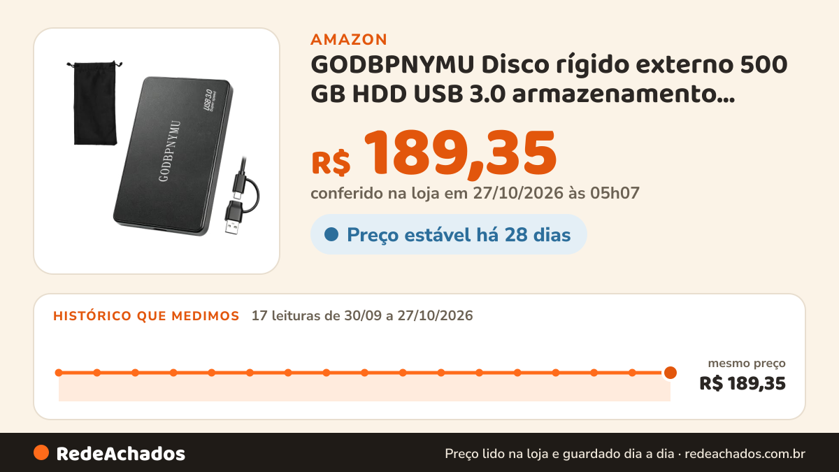 Histórico de preço de GODBPNYMU Disco rígido externo 500 GB HDD USB 3.0 armazenamento portátil para PC, laptop… na Amazon: 17 leituras de 30/09/2026 a 27/10/2026, mesmo preço, R$ 189,35, em todas; R$ 189,35 conferido em 26/10/2026 às 21h57
