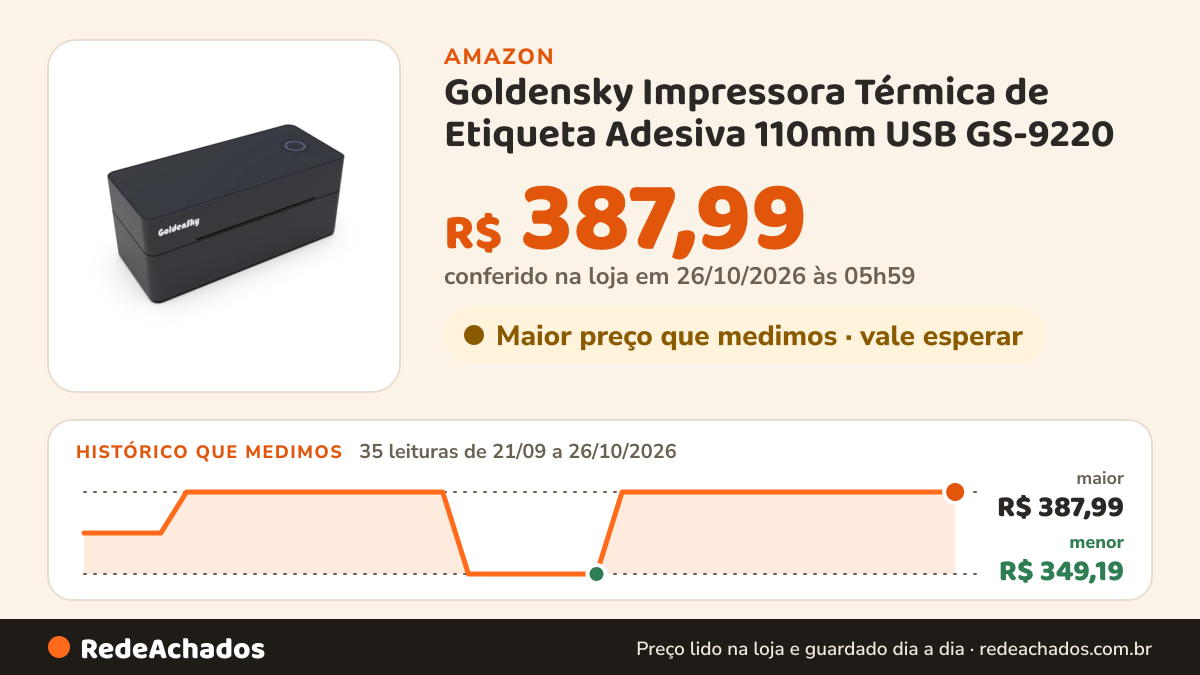 Histórico de preço de Goldensky Impressora Térmica de Etiqueta Adesiva 110mm USB GS-9220 na Amazon: 35 leituras de 21/09/2026 a 26/10/2026, menor R$ 349,19, maior R$ 387,99; R$ 387,99 conferido em 26/10/2026 às 05h59