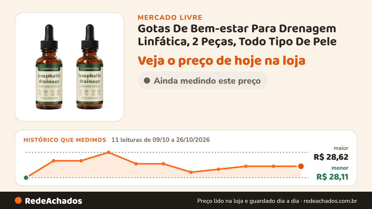 Histórico de preço de Gotas De Bem-estar Para Drenagem Linfática, 2 Peças, Todo Tipo De Pele no Mercado Livre: 11 leituras de 09/10/2026 a 26/10/2026, menor R$ 28,11, maior R$ 28,62