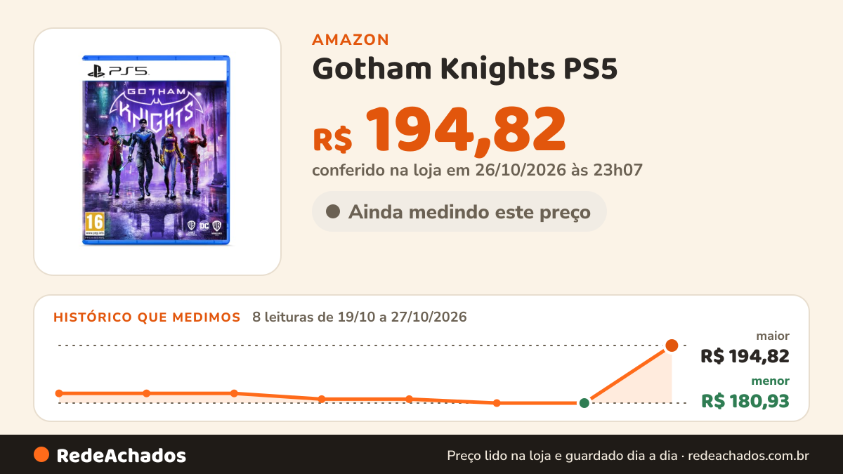 Histórico de preço de Gotham Knights PS5 na Amazon: 8 leituras de 19/10/2026 a 27/10/2026, menor R$ 180,93, maior R$ 194,82; R$ 194,82 conferido em 26/10/2026 às 23h07