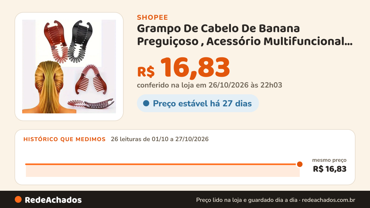 Histórico de preço de Grampo De Cabelo De Banana Preguiçoso , Acessório Multifuncional Fácil De Usar… na Shopee: 26 leituras de 01/10/2026 a 27/10/2026, mesmo preço, R$ 16,83, em todas; R$ 16,83 conferido em 26/10/2026 às 22h03