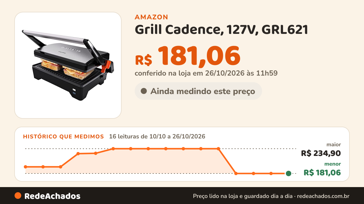 Histórico de preço de Grill Cadence, 127V, GRL621 na Amazon: 16 leituras de 10/10/2026 a 26/10/2026, menor R$ 181,06, maior R$ 234,90; R$ 181,06 conferido em 26/10/2026 às 11h59