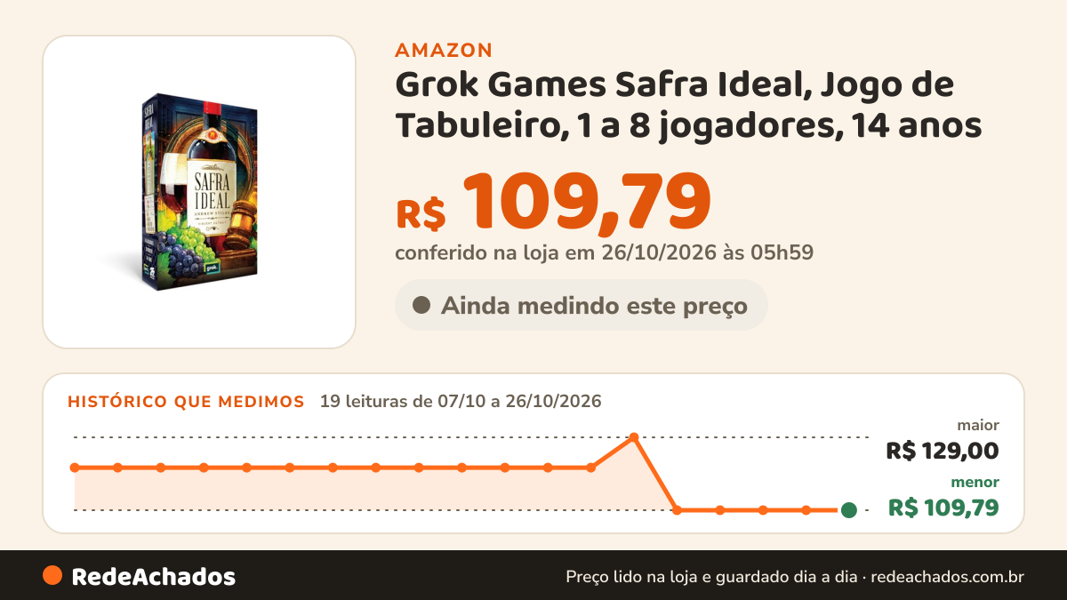 Histórico de preço de Grok Games Safra Ideal, Jogo de Tabuleiro, 1 a 8 jogadores, 14 anos na Amazon: 19 leituras de 07/10/2026 a 26/10/2026, menor R$ 109,79, maior R$ 129,00; R$ 109,79 conferido em 26/10/2026 às 05h59