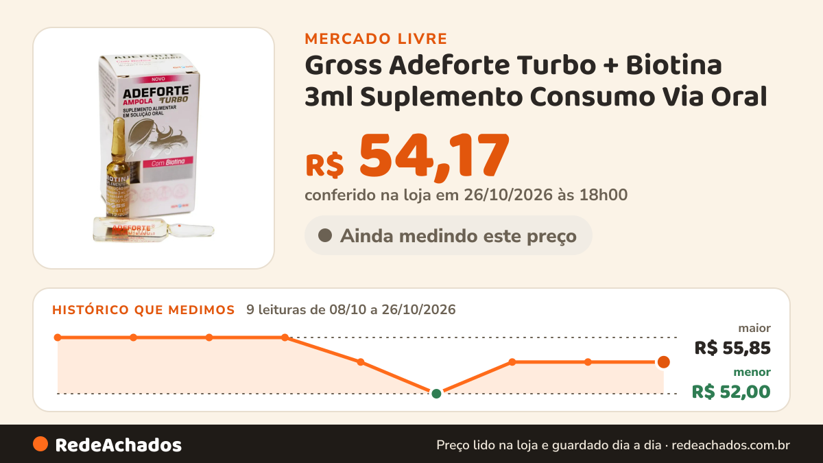 Histórico de preço de Gross Adeforte Turbo + Biotina 3ml Suplemento Consumo Via Oral no Mercado Livre: 9 leituras de 08/10/2026 a 26/10/2026, menor R$ 52,00, maior R$ 55,85; R$ 54,17 conferido em 26/10/2026 às 18h00