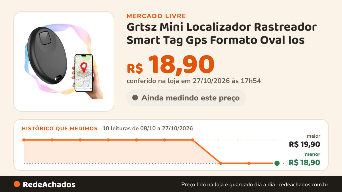 Histórico de preço de Grtsz Mini Localizador Rastreador Smart Tag Gps Formato Oval Ios no Mercado Livre: 9 leituras de 08/10/2026 a 26/10/2026, menor R$ 18,90, maior R$ 19,90