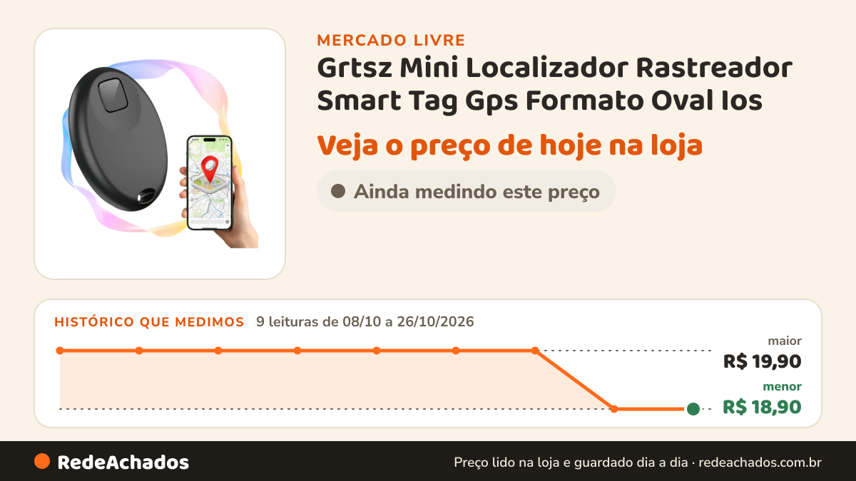 Histórico de preço de Grtsz Mini Localizador Rastreador Smart Tag Gps Formato Oval Ios no Mercado Livre: 9 leituras de 08/10/2026 a 26/10/2026, menor R$ 18,90, maior R$ 19,90