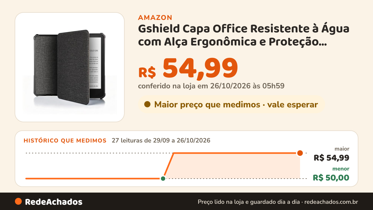 Histórico de preço de Gshield Capa Office Resistente à Água com Alça Ergonômica e Proteção Contra Impactos para… na Amazon: 27 leituras de 29/09/2026 a 26/10/2026, menor R$ 50,00, maior R$ 54,99; R$ 54,99 conferido em 26/10/2026 às 05h59