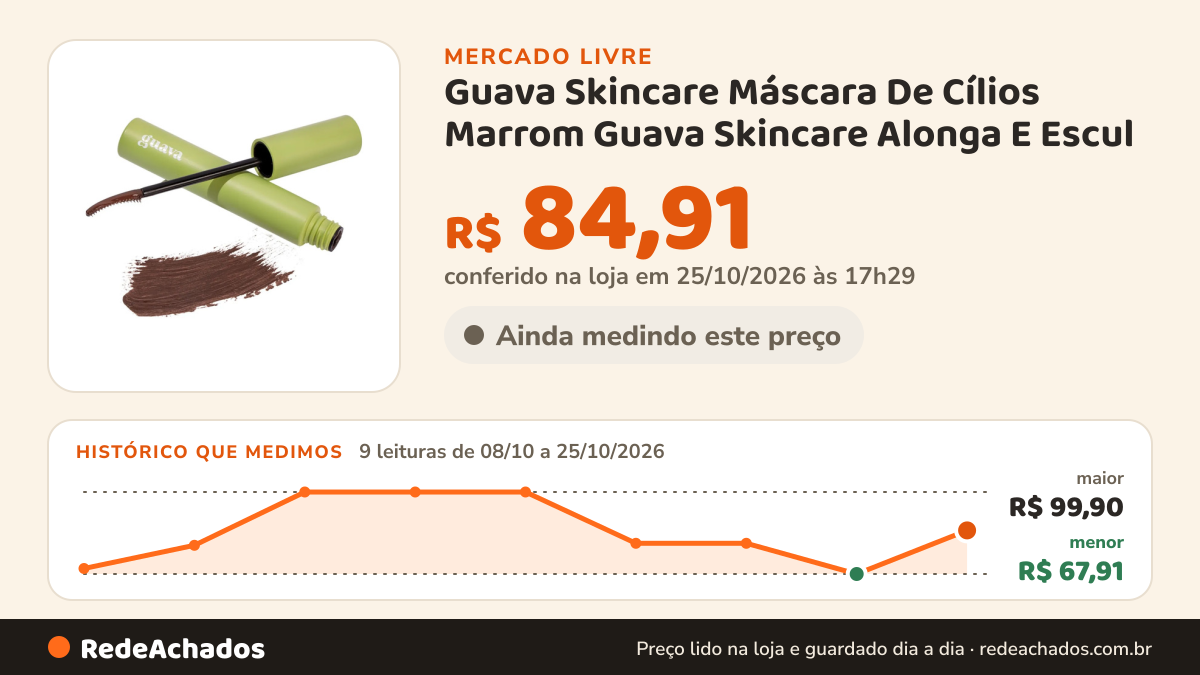 Histórico de preço de Guava Skincare Máscara De Cílios Marrom Guava Skincare Alonga E Escul no Mercado Livre: 9 leituras de 08/10/2026 a 25/10/2026, menor R$ 67,91, maior R$ 99,90; R$ 84,91 conferido em 25/10/2026 às 17h29