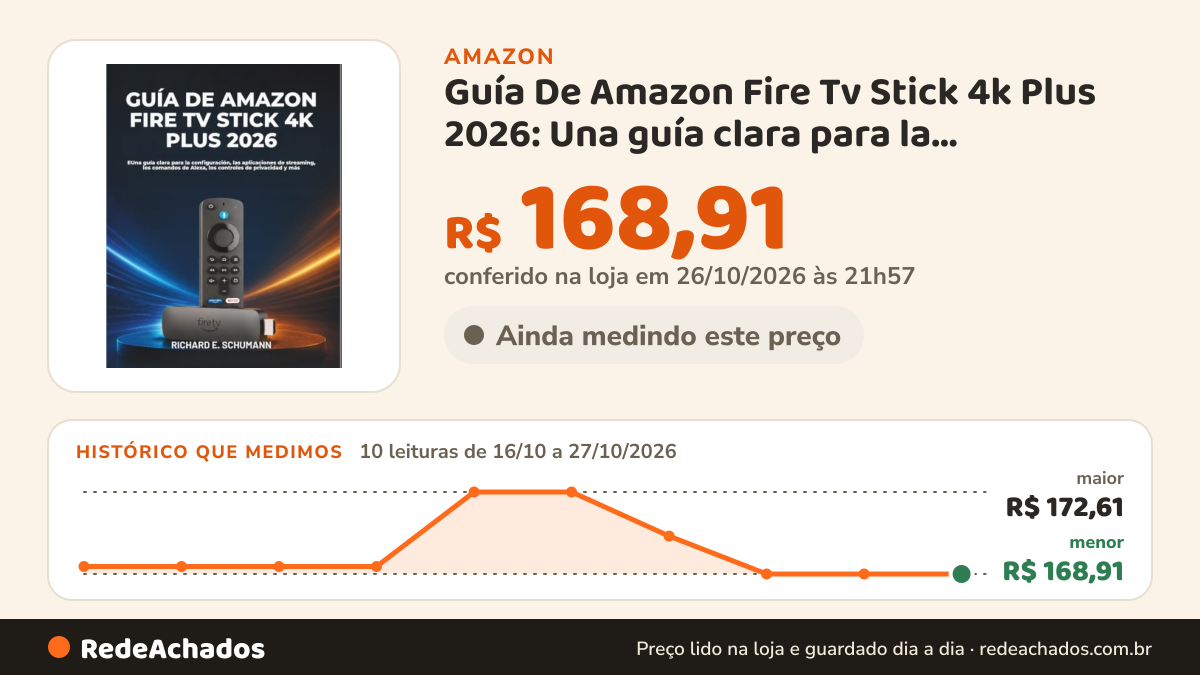 Histórico de preço de Guía De Amazon Fire Tv Stick 4k Plus 2026: Una guía clara para la configuración, las… na Amazon: 10 leituras de 16/10/2026 a 27/10/2026, menor R$ 168,91, maior R$ 172,61; R$ 168,91 conferido em 26/10/2026 às 21h57