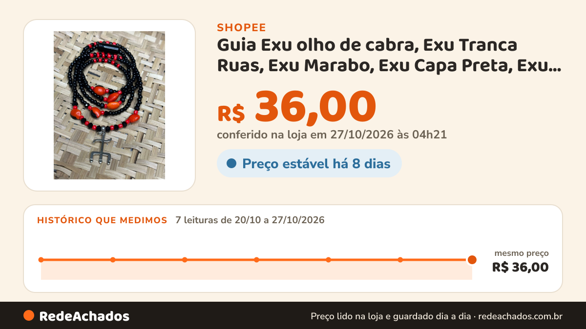 Histórico de preço de Guia Exu olho de cabra, Exu Tranca Ruas, Exu Marabo, Exu Capa Preta, Exu Tiriri, Exu… na Shopee: 7 leituras de 20/10/2026 a 27/10/2026, mesmo preço, R$ 36,00, em todas; R$ 36,00 conferido em 27/10/2026 às 04h21
