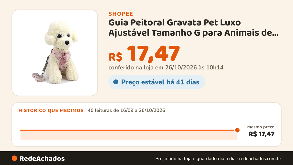 Histórico de preço de Guia Peitoral Gravata Pet Luxo Ajustável Tamanho G para Animais de Estimação Coleiras Para… na Shopee: 40 leituras de 16/09/2026 a 26/10/2026, mesmo preço, R$ 17,47, em todas; R$ 17,47 conferido em 26/10/2026 às 10h14