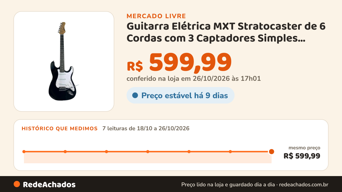 Histórico de preço de Guitarra Elétrica MXT Stratocaster de 6 Cordas com 3 Captadores Simples Preto no Mercado Livre: 7 leituras de 18/10/2026 a 26/10/2026, mesmo preço, R$ 599,99, em todas; R$ 599,99 conferido em 26/10/2026 às 17h01