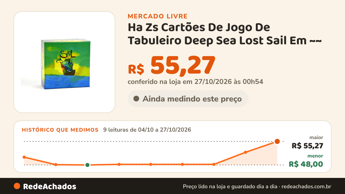 Histórico de preço de Ha Zs Cartões De Jogo De Tabuleiro Deep Sea Lost Sail Em ~~ no Mercado Livre: 9 leituras de 04/10/2026 a 27/10/2026, menor R$ 48,00, maior R$ 55,27; R$ 55,27 conferido em 27/10/2026 às 00h54