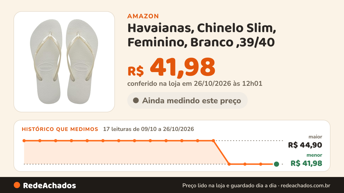 Histórico de preço de Havaianas, Chinelo Slim, Feminino, Branco ,39/40 na Amazon: 16 leituras de 09/10/2026 a 25/10/2026, menor R$ 41,98, maior R$ 44,90; R$ 41,98 conferido em 25/10/2026 às 05h58